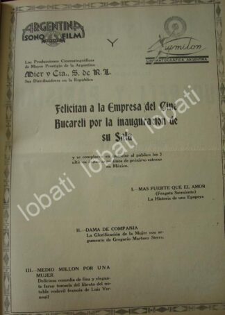 CARTEL ANTIGUO ORIGINAL DE PRODUCTORAS FELICITAN POR INAUGURACION DEL CINE BUCARELI 1941 /84