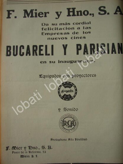 CARTEL ANTIGUO ORIGINAL DE PRODUCTORAS FELICITAN POR INAUGURACION DEL CINE BUCARELI 1941 /84 - Image 2