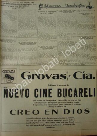 CARTEL ANTIGUO ORIGINAL DE GROVAS Y CIA FELICITAN INAUGURACION DE CINE BUCARELI 1941 Y MAS NOTAS