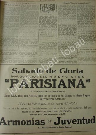 CARTEL ANTIGUO ORIGINAL DE INAUGURAN EL CINE PARISINA 1941 /N91