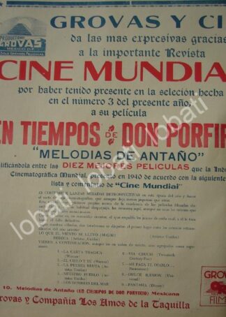 CARTEL ANTIGUO ORIGINAL DE EXITO DE LA PELICULA EN TIEMPOS DE DON PORFIRIO 1941 GROVAS Y CIA.