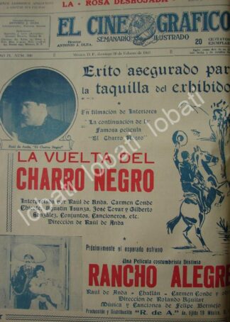 CARTEL ANTIGUO ORIGINAL DE PRE ESTRENO PELICULA LA VUELTA DEL CHARRO NEGRO 1941