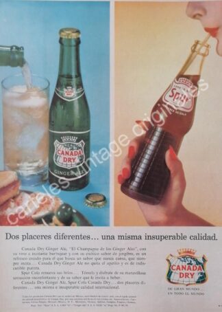 CARTEL ANTIGUO ORIGINAL DE REFRESCO CANADA DRY. SPUR Y GINGER ALE 1959