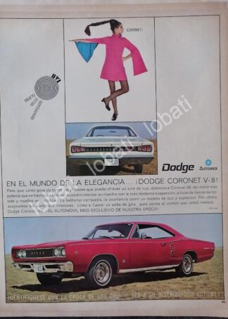 CARTEL ANTIGUO ORIGINAL DE AUTOS CHRYSLER DODGE CORONET V8 1968 /144 GRANDE