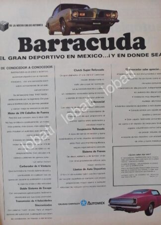 CARTEL ANTIGUO ORIGINAL DE AUTOS CHRYSLER BARRACUDA 1969 /N71