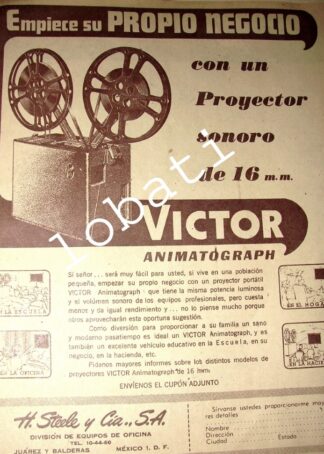 CARTEL ANTIGUO ORIGINAL DE PROYECTOR VICTOR ANIMATOGRAPH 16mm 1951 /16