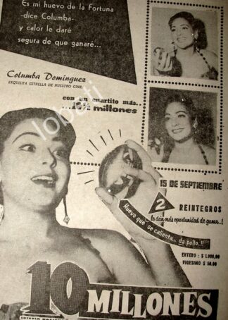 CARTEL ANTIGUO ORIGINAL DE COLUMBA DOMINGUEZ EN LA LOTERIA NACIONAL 1956 /FEP