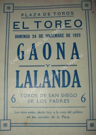 CARTEL ANTIGUO ORIGINAL DE PLAZA DE TOROS EL TOREO 1922 RODOLFO GAONA