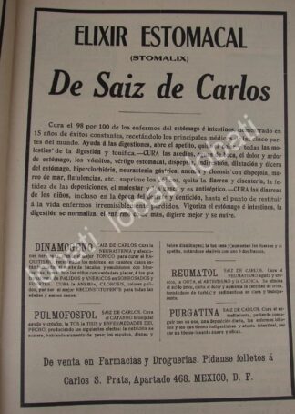 CARTEL ANTIGUO ORIGINAL DE MEDICINA. ELIXIR ESTOMACAL DE SAIZ DE CARLOS 1910 /No72