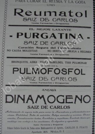 CARTEL ANTIGUO ORIGINAL DE PUBLICIDAD DE LAS MEDICINAS DE 1909 DE CARLOS PRATS