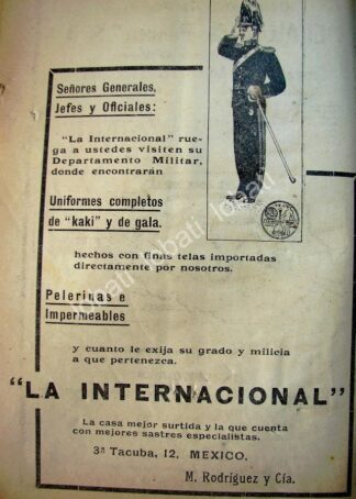 CARTEL ANTIGUO ORIGINAL DE UNIFORMES MILITARES DE ALMACENES LA INTERNACIONAL 1914 /754 Militaria