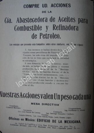 CARTEL ANTIGUO ORIGINAL DE CIA. DE ACEITES PARA CONBUSTIBLE Y REFINADORA DE PETROLEO 1914 /767 MUY RARO