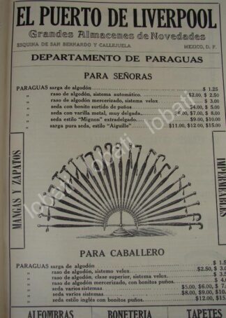 CARTEL ANTIGUO ORIGINAL DE TIENDA EL PUERTO DE LIVERPOOL 1909 PARAGUAS