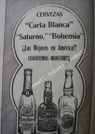 CARTEL ANTIGUO ORIGINAL DE MINI CARTEL CERVEZA CARTA BLANCA, SATURNO Y BOHEMIA 1911 /155