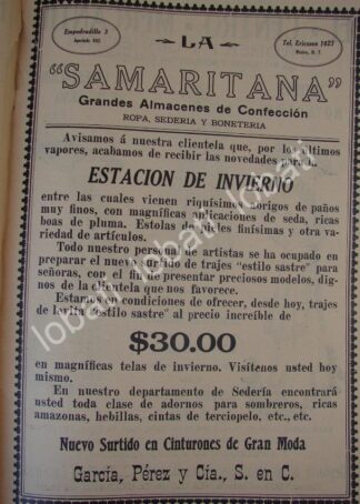 CARTEL ANTIGUO ORIGINAL DE TIENDA. ALMACENES LA SAMARITANA 1910 /689