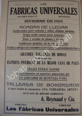 CARTEL ANTIGUO ORIGINAL DE TIENDA. LAS FABRICAS UNIVERSALES 1909 /690