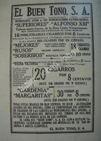 CARTEL ANTIGUO ORIGINAL DE CIA. CIGARRERA EL BUEN TONO 1914 /279