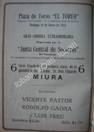 CARTEL ANTIGUO ORIGINAL DE PLAZA DE TOROS EL TOREO 1914 POR VICTIMAS DE EMILIANO ZAPATA TACUBAYA /771