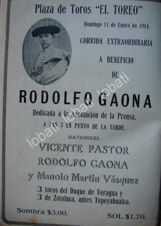 CARTEL ANTIGUO ORIGINAL DE PLAZA DE TOROS EL TOREO 1914 A BENEFICIO DE RODOLFO GAONA / 772
