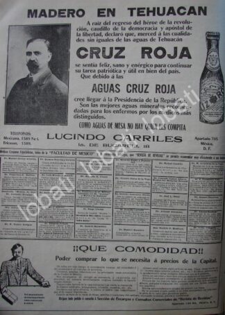 CARTEL ANTIGUO ORIGINAL DE FRANCISCO I MADERO EN AGUA MINERAL CRUZ ROJA 1911, SUPER RARO 10+ /117