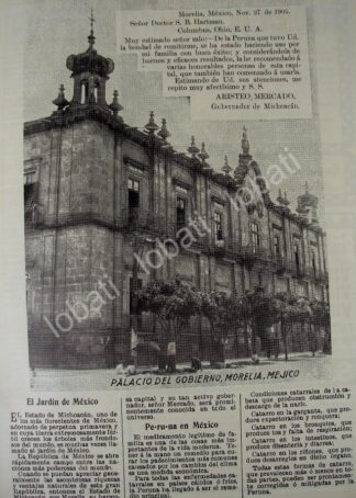 CARTEL ANTIGUO ORIGINAL DE MEDICINA LA PERUNA Y ARISTEO MERCADO GOBERNADOR DE MICHOACAN 1909 /29