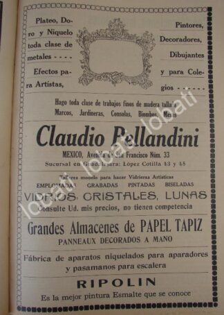 CARTEL ANTIGUO ORIGINAL DE TIENDA DE DECORACION CLAUDIO PELLANDINI 1910 /697