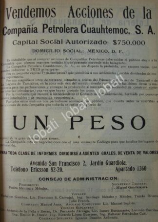 CARTEL ANTIGUO ORIGINAL DE CIA. PETROLEA CUAUHTEMOC VENDE ACCIONES 1914 /762