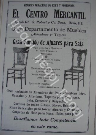 CARTEL ANTIGUO ORIGINAL DE TIENDA EL CENTRO MERCANTIL 1910 SILLAS /704