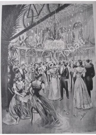 GRABADO ANTIGUO 1897 BAILE EN EL CASINO FRANCES, DIBUJO DE CARLOS ALCALDE