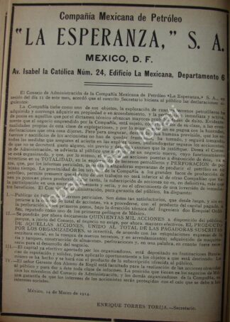 CARTEL ANTIGUO ORIGINAL DE COMPAÑIA PETROLERA LA ESPERANZA 1914 /765