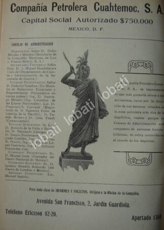CARTEL ANTIGUO ORIGINAL DE COMPAÑIA PETROLERA CUAUHTEMOC 1914 /767