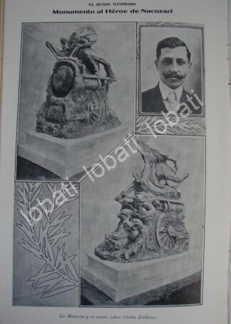 CARTEL ANTIGUO ORIGINAL DE EL ESCULTOR CARLOS SALDIVAR Y MONUMENTO A HEROE DE NACOSARI 1910