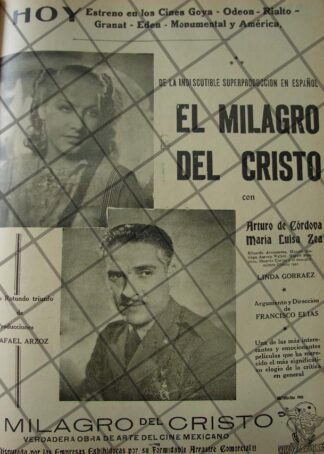 CARTEL ANTIGUO ORIGINAL PELICULA. EL MILAGRO DEL CRISTO 1941 /142