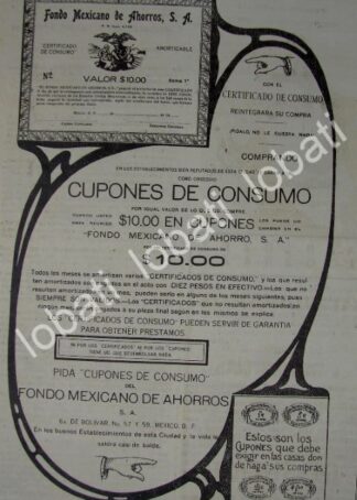 CARTEL ANTIGUO ORIGINAL DE BANCOS, FONDO MEXICANO DE AHORROS 1911 CUPONES DE CONSUMO