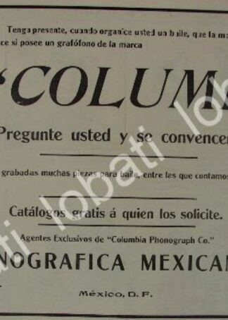 CARTEL ANTIGUO ORIGINAL DE CIA. FONOGRAFICA MEXICANA 1911 FONOGRAFOS COLUMBIA