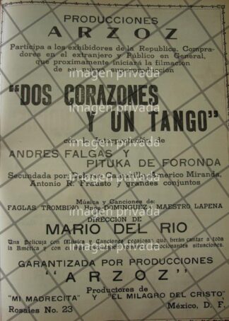 CARTEL ANTIGUO INICIA PELICULA DOS CORAZONES Y UN TANGO 1941