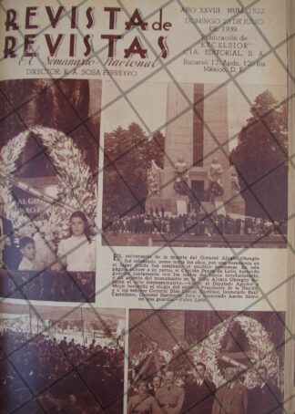 AFICHE ANTIGUO 1939 SAN ANGEL, ANIV MUERTE DE ALVARO OBREGON