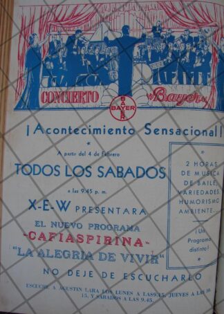 AFICHE ANTIGUO 1939 CONCIERTO BAYER RADIODIFUSORA XEW