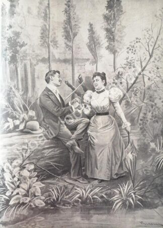 GRABADO ANTIGUO 1898. EL AMOR EN SANTA ANITA. POR: JOSE MARIA VILLASANA V2