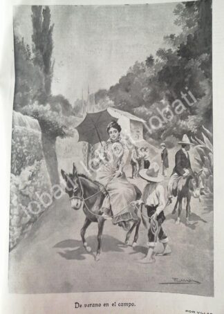 GRABADO ANTIGUO 1898 DE VERANO EN EL CAMPO. POR: JOSE MARIA VILLASANA