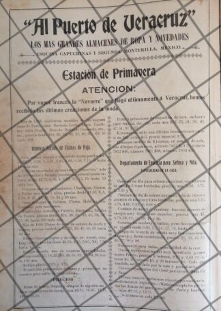 PUBLICIDAD ANTIGUA TIENDA EL PUERTO DE VERACRUZ 1906 /27