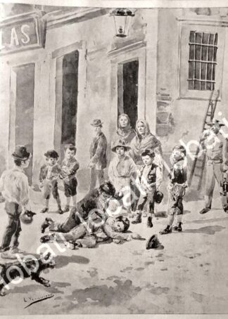 GRABADO ANTIGUO DE LEANDRO IZAGUIRRE 1895 BARRIO MEXICANO NIÑOS PELEANDO