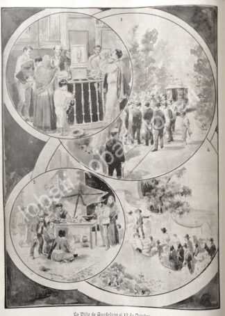GRABADO ANTIGUO PEREGRINOS, VILLA DE GUADALUPE 1895 DE LEANDRO IZAGUIRRE