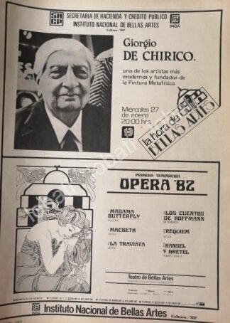 CARTEL ANTIGUO ORIGINAL DE INBA. GIORGIO DI CHIRICO + & TEMPORADA DE OPERA 1982