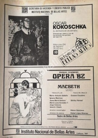 CARTEL ANTIGUO ORIGINAL DE INBA. TEMPORADA DE OPERA 1982 & OSCAR KOKOSCHKA +