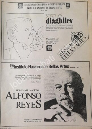CARTEL ANTIGUO ORIGINAL DE INBA SERGUEI DIAGHILEV Y HOMENAJE A ALFONSO REYES 1981