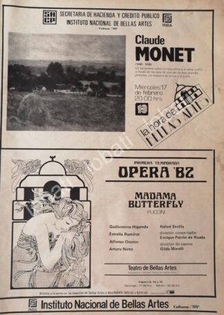 CARTEL ANTIGUO ORIGINAL DE INBA PRESENTA. TEMPORADA DE OPERA 1982 Y CLAUDE MONET