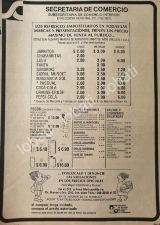 CARTEL ANTIGUO ORIGINAL DE SECRETARIA DE COMERCIO 1982 REFRESCOS EMBOTELLADOS /33