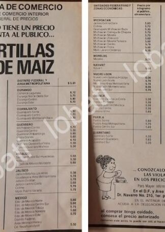CARTEL ANTIGUO ORIGINAL DE SECRETARIA DE COMERCIO 1981 PRECIO DE LA TORTILLA /28