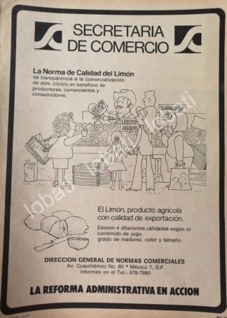 CARTEL ANTIGUO ORIGINAL DE SECRETARIA DE COMERCIO 1980 CALIDAD DEL LIMON /23